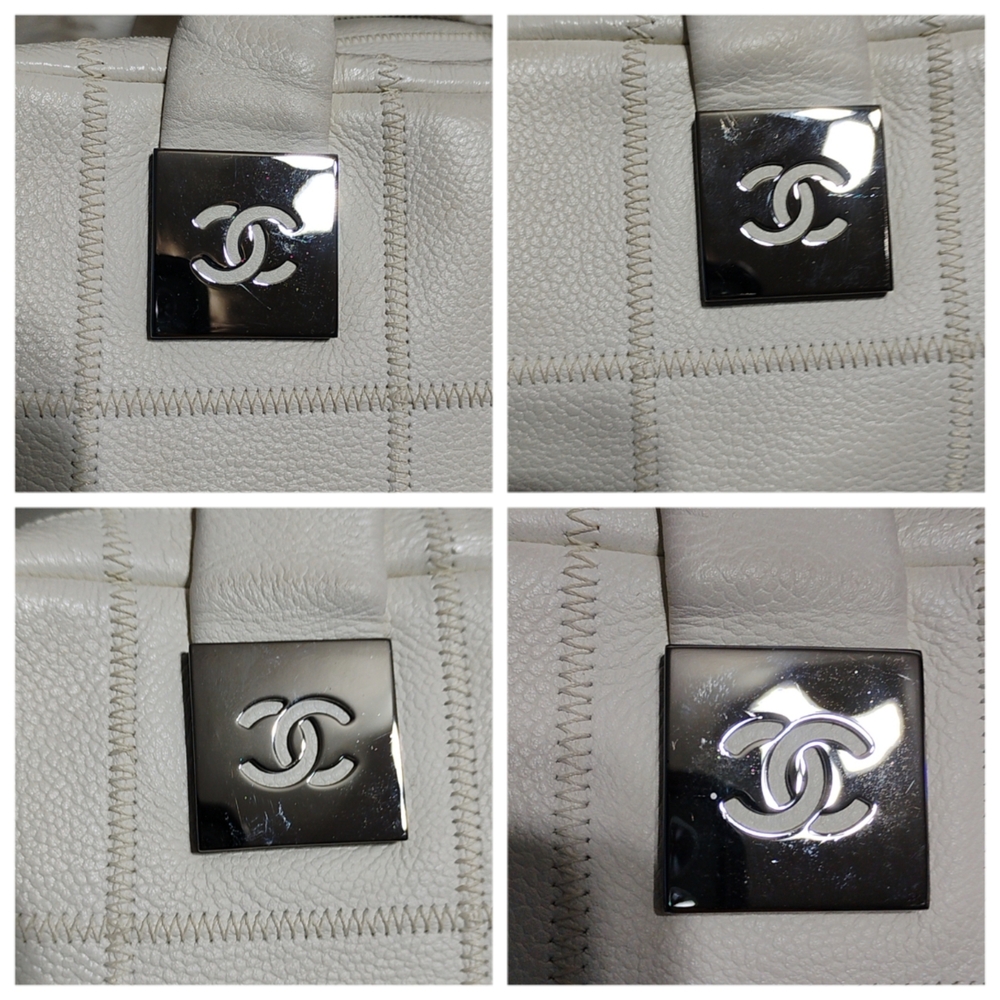 Auth Chanel Choco Bar Coco Mark Lux Square Stitch White Boston Bowler Handbag - Picture 7 of 13